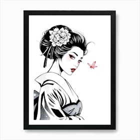 Geisha and Butterfly Drawing Art Print