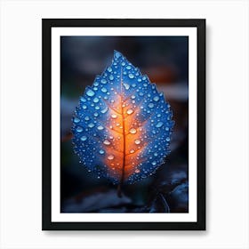 Blue Leaf With Water Droplets 1 Art Print