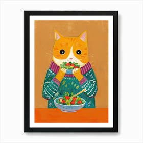 Cute Orange Eating Salad Folk Illustration 4 Art Print