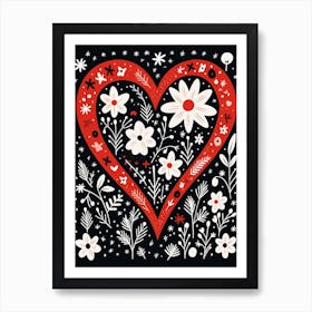 Red Heart With White Floral Details Black Background Art Print