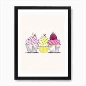 Lemon Raspberry Cupcakes Dessert Minimal Line Drawing Flower Art Print