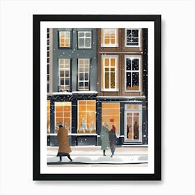 Amsterdam cafes, winter season, Christmas, autumn oil colors, pale colors, pedestrians in the street, winter clothes, falling snow.8 Art Print