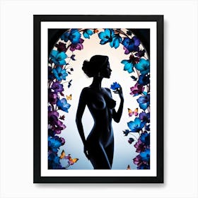 Silhouette of Naked Woman with Floral Frames #4 Art Print