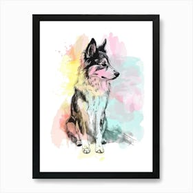 Pastel Australian Shepherd Dog Watercolour Line Illustration Art Print