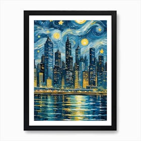 A starry night over a city skyline, with the stars and the moon reflecting on the skyscrapers and the water. The image would use Van Gogh’s characteristic swirls and strokes to create a dynamic and vibrant contrast between the natural and the urban elements. The image would also use complementary colors, such as blue and yellow, to create harmony and contrast. Starry Night Over the Rhone is an example of Van Gogh’s use of color and reflection in a night scene. Art Print