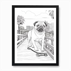 Pug Dog Skateboarding Line Art 1 Art Print