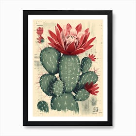 Cactus With Red Flower Vintage Illustration Stamp Art Print