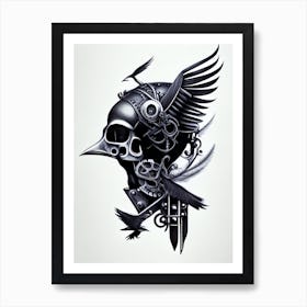 Skull With Bird Motifs 3 Black And White Stream Punk Art Print