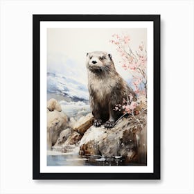 Otter, Japanese Brush Painting, Ukiyo E, Minimal 3 Art Print