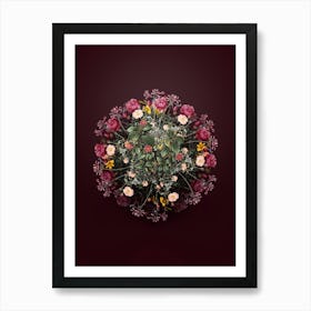 Vintage Crossberry Flower Wreath on Wine Red n.0893 Art Print