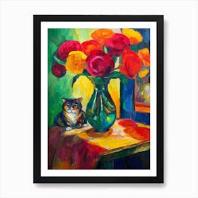 Lisianthus With A Cat 4 Fauvist Style Painting Art Print