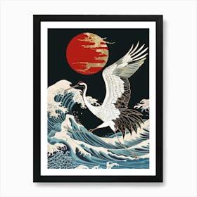 Crane Flying Over The Waves Art Print