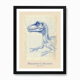 Deinonychus Dinosaur Blue Print Sketch 2 Poster Art Print