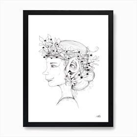 Black and White Pixie with Flowers Art Print