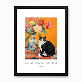 Cats & Flowers Collection Peony Flower Vase And A Cat, A Painting In The Style Of Matisse 1 Art Print