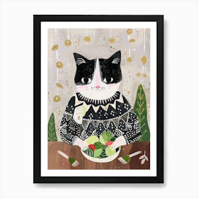 Black And White Cat Eating Salad Folk Illustration 2 Art Print