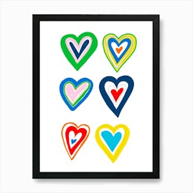 six colourful love hearts Art Print