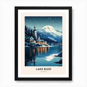 Winter Night  Travel Poster Lake Bled Slovenia Art Print
