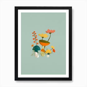 Mushrooms And Flowers Mint 1 Art Print