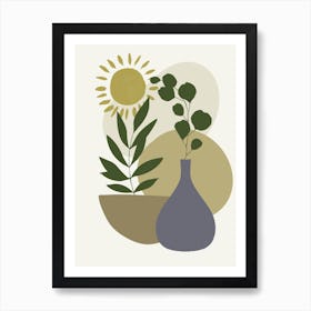 Vase With Plants And A Sun Art Print