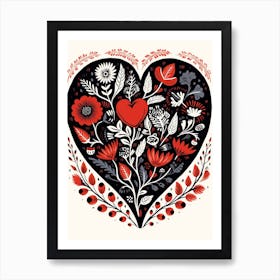 Folky Heart Floral Black & Red Art Print