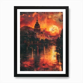 Sunset Over The Lake, Cityscape Collage Retro Art Print