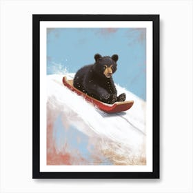 American Black Bear Cub Sledding Down A Snowy Hill Storybook Illustration 4 Art Print