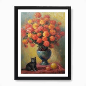 Chrysanthemums With A Cat 2 Art Print