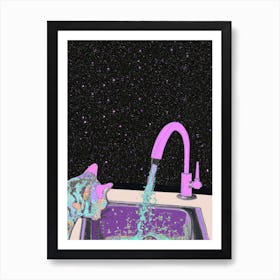 Space Cat In The Kitchen Sink Art Print