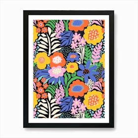 Into The Garden - Paper Cut And Doodle Floral Collage Bright Rainbow On Black Art Print