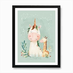 Giraffe & Unicorn Pastel Storybook Style 3 Art Print