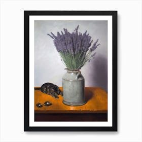 Painting Of A Still Life Of A Lavender With A Cat, Realism2 Art Print