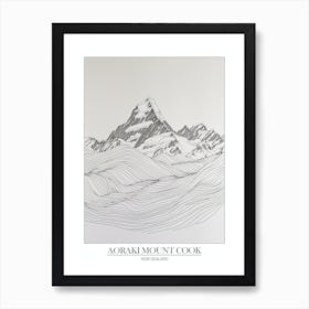 Aoraki Mount Cook New Zealand Line Drawing 1 Poster 2 Art Print
