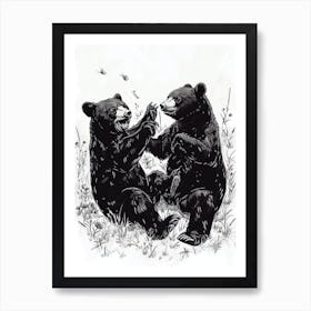 Malayan Sun Bear Playing Together In A Meadow Ink Illustration 2 Art Print