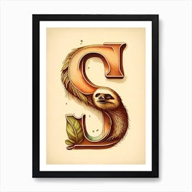 S  Sloth, Letter, Alphabet Retro Drawing 1 Art Print