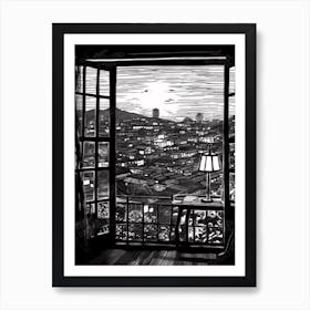 Window View Of Seoul South Korea   Black And White Colouring Pages Line Art 4 Art Print