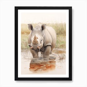 Vintage Illustration Of A Rhino In The Lake  4 Art Print