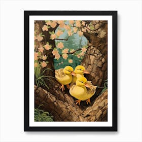 Duck & Duckling In The Flowers Japanese Woodblock Style 1 Art Print