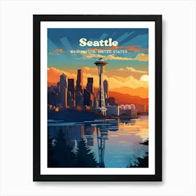 Seattle Washington USA Sunset Modern Travel Illustration Art Print