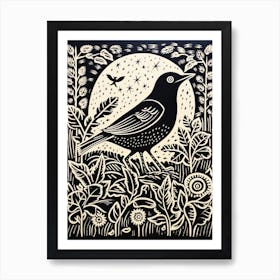 B&W Bird Linocut Blackbird 3 Art Print