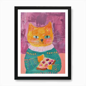Orange Cat Pizza Lover Folk Illustration 2 Art Print