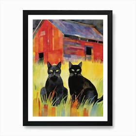 Two Black Cats In Front Of An Old Wooden Barn Art Print