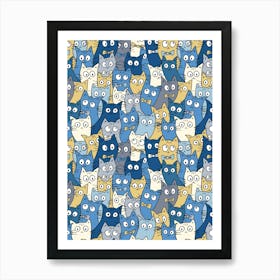 Blue and Gold Crazy Cats Pattern Art Print