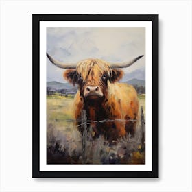 Moody Impressionism Style Painting Of Of Highland Cow By A Fence Art Print