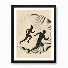 Silhouette Of A Couple Running Art Print