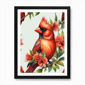 Red Cardinals And Flowers Art Print