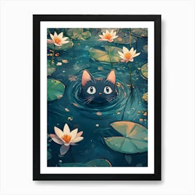 Cute Cat Swimming Among Water Lilies 12 Art Print