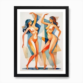 Two Nude Women Dancing Watercolor Painting Art Print