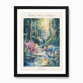 Triceratops Drinking Out Of A Stream Watercolour Painting Poster Art Print