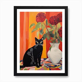 Columbine Flower Vase And A Cat, A Painting In The Style Of Matisse 0 Art Print